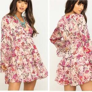 Free People Long Sleeve Floral Mini Dress Deep V Neck Size Medium